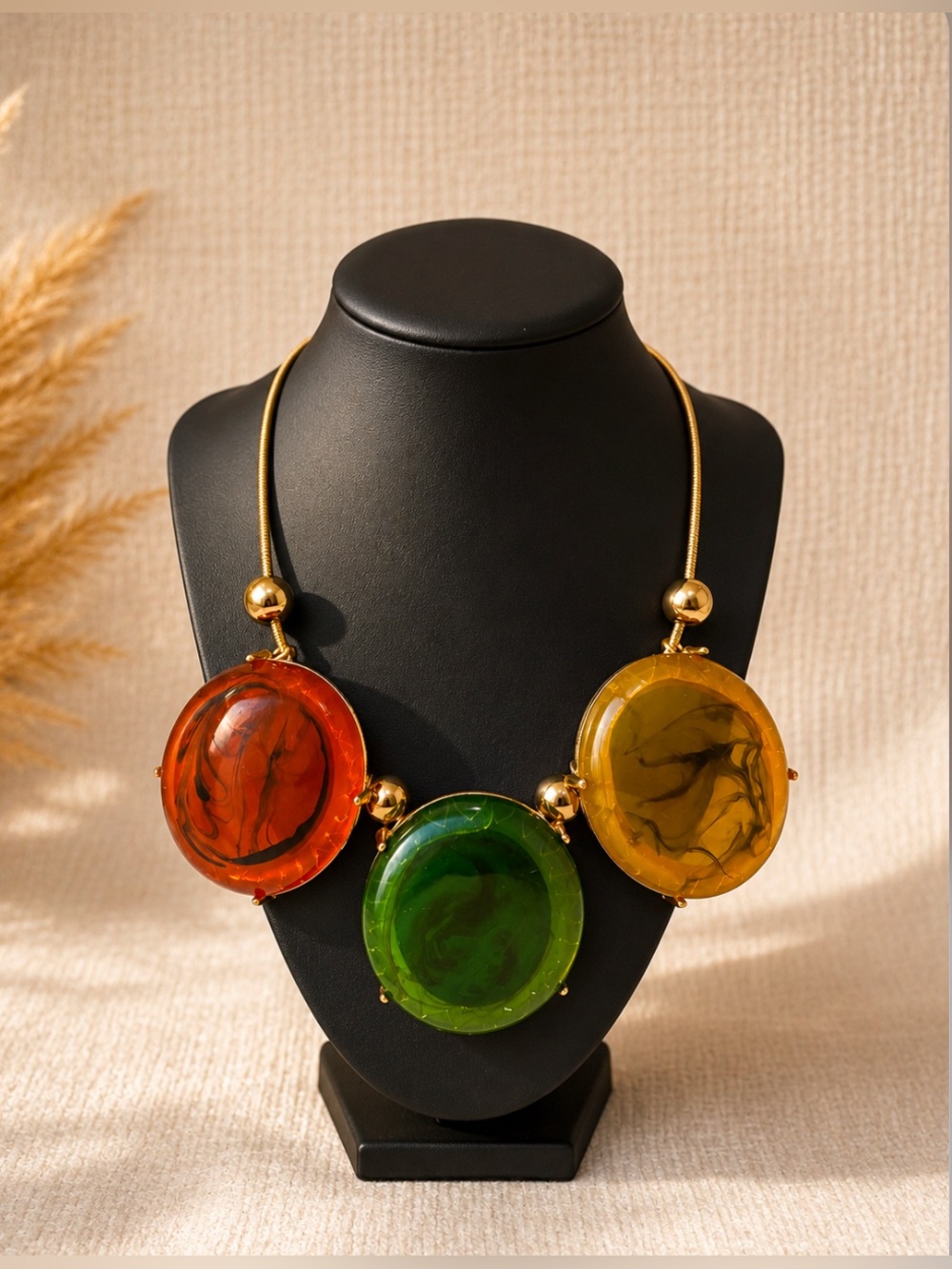 Three-Stone Resin Statement Necklace Set Green, Orange, Yellow